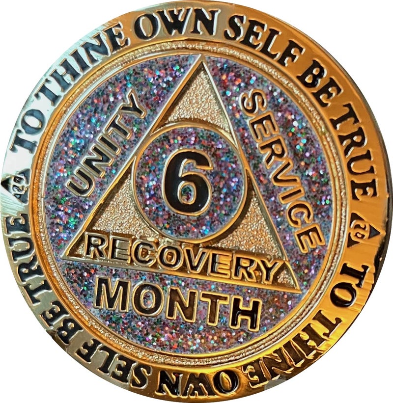 RecoveryChip 6 Month AA Medallion Reflex Funfetti Birthday Glitter Gold Sobriety Chip - Image 1