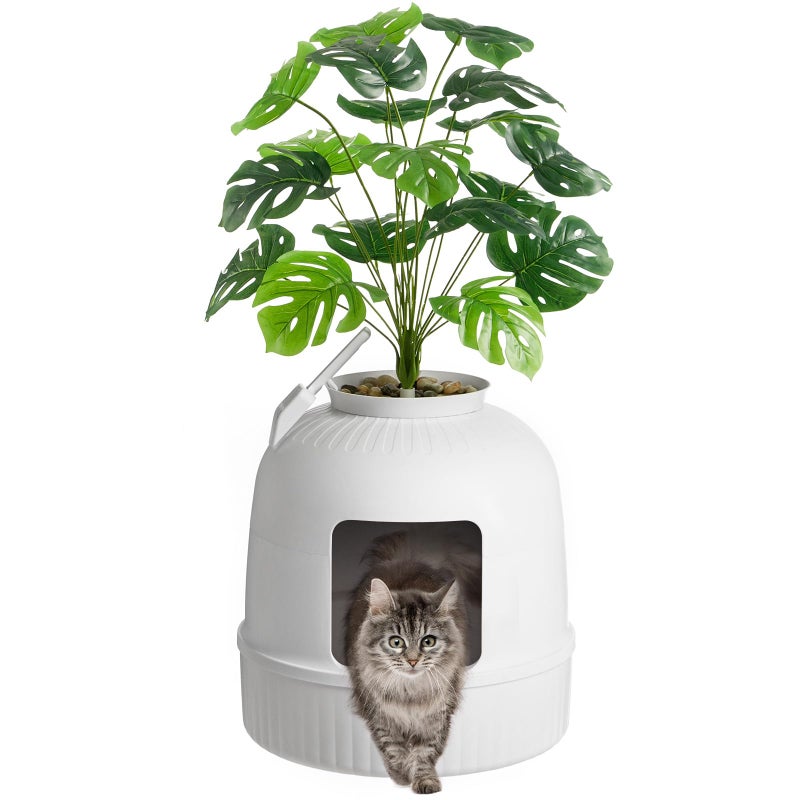 Lifewit Cat Litter Box Hidden Enclosure Litter Tray with Odor Control Carbon Filter in Living Room Bedroom Corner with Faux Plant Plastic Scoop 48 x 120 cm19x47 White - Image 2
