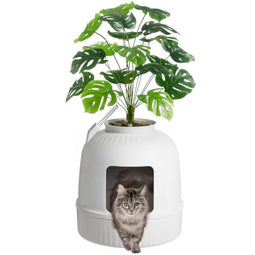 Lifewit Cat Litter Box Hidden Enclosure Litter Tray with Odor Control Carbon Filter in Living Room Bedroom Corner with Faux Plant Plastic Scoop 48 x 120 cm19x47 White - Image 1