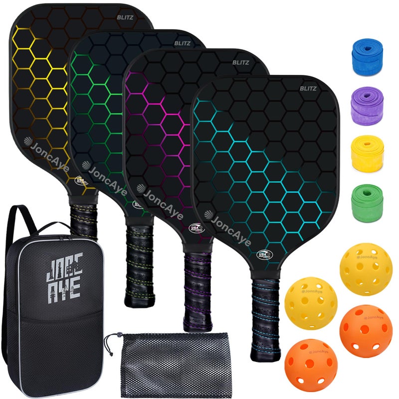 JoncAye Pickleball-Paddles-Set of 4 or 2 Rackets by JoncAye, USAPA Approved Pickle-Ball Equipment with Balls, Bag, Accessories, Fiberglass Graphite Pickleball Racquet Set for Men, Women, Kids, Adults - Image 1