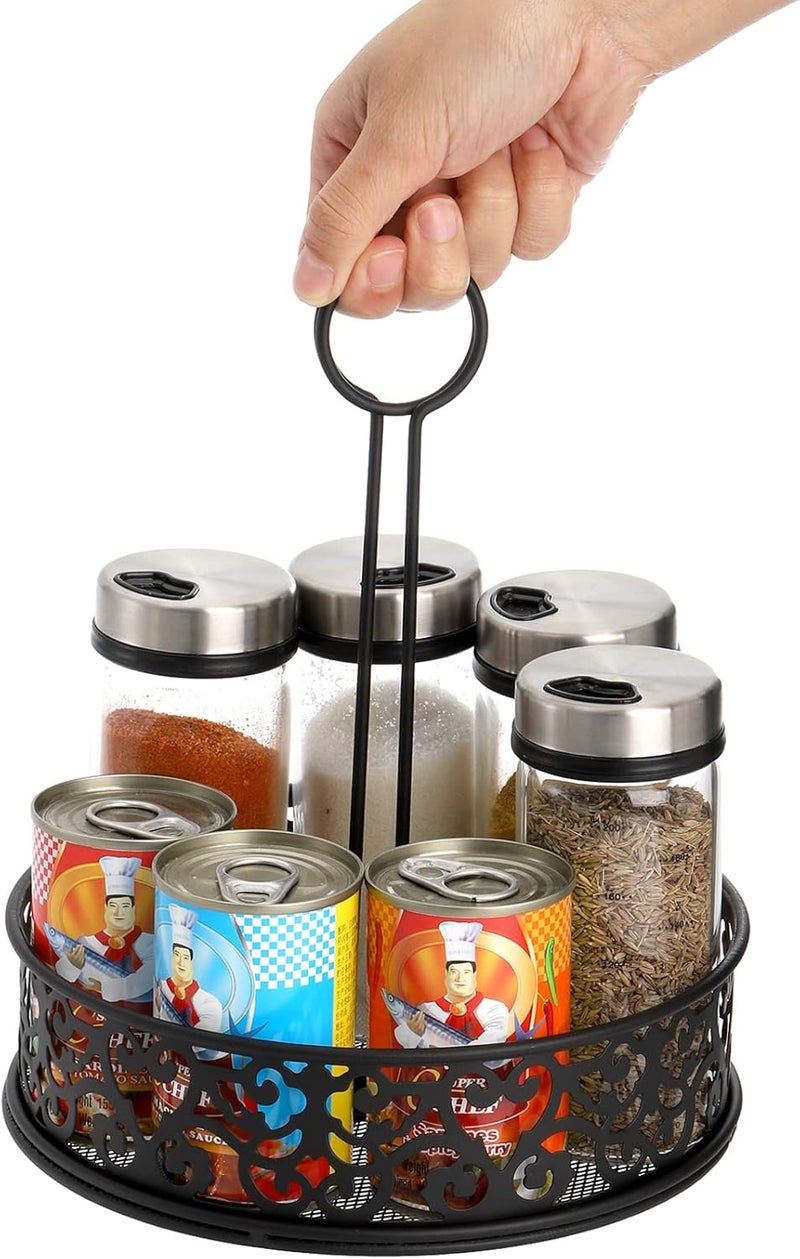 Lyellfe 2 Pack Condiment Caddy, Restaurant Table Caddy with Menu Number Card Holder, Metal Black Decorative Carved Tabletop Seasoning Organizer for Grill Outdoors, Kitchen Cabinet, Camping - Image 4