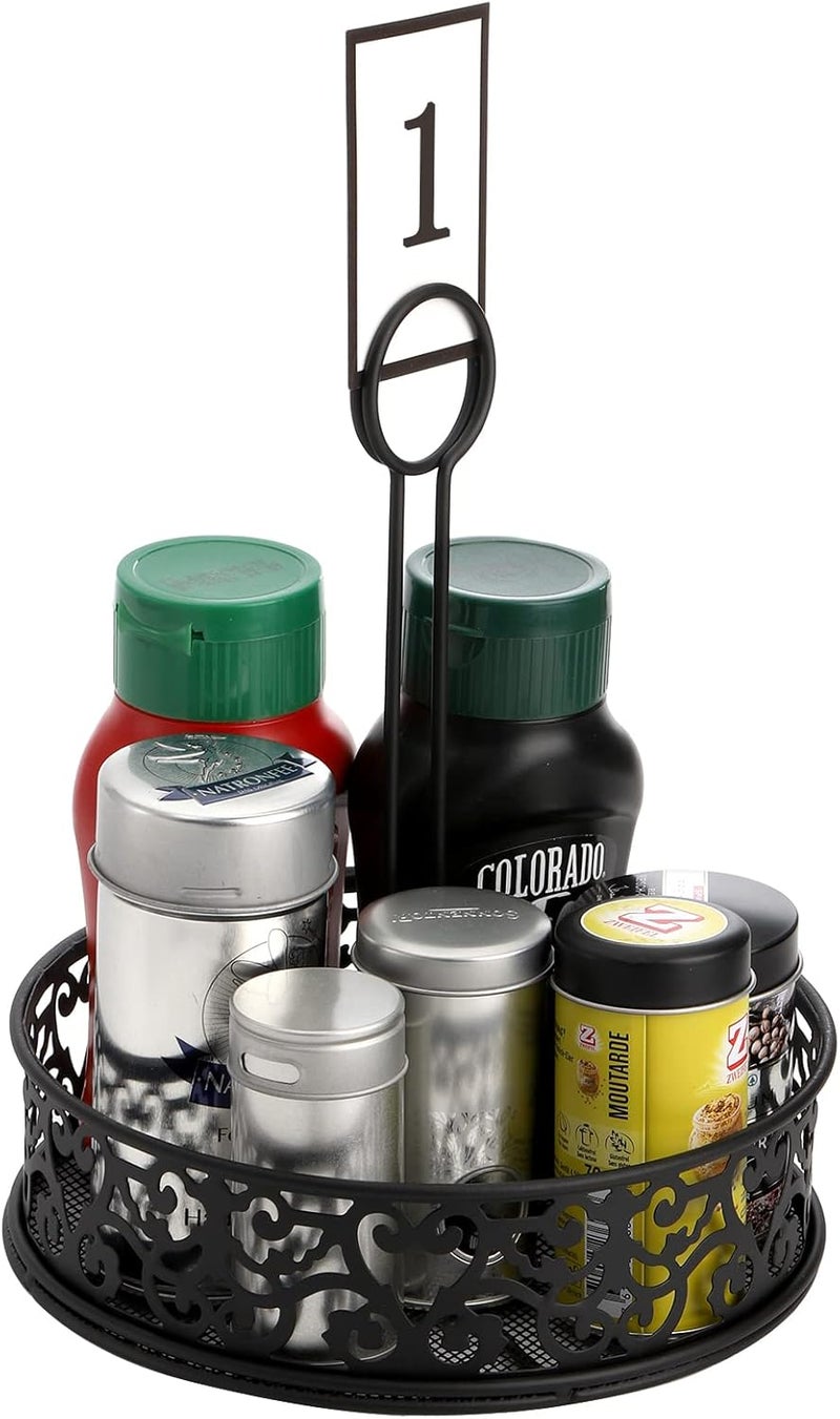 Lyellfe 2 Pack Condiment Caddy, Restaurant Table Caddy with Menu Number Card Holder, Metal Black Decorative Carved Tabletop Seasoning Organizer for Grill Outdoors, Kitchen Cabinet, Camping - Image 3