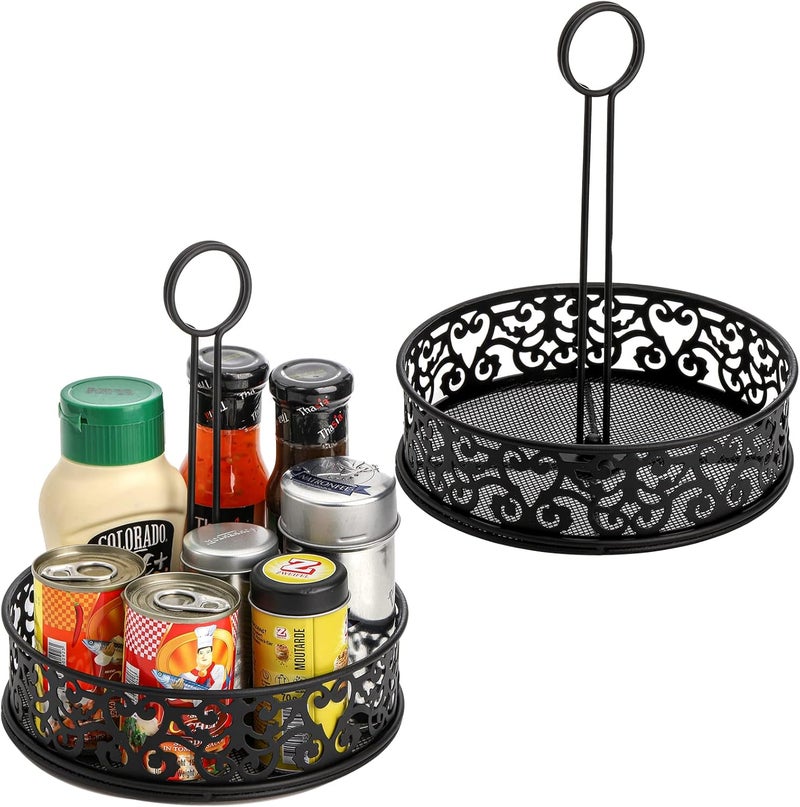 Lyellfe 2 Pack Condiment Caddy, Restaurant Table Caddy with Menu Number Card Holder, Metal Black Decorative Carved Tabletop Seasoning Organizer for Grill Outdoors, Kitchen Cabinet, Camping - Image 1