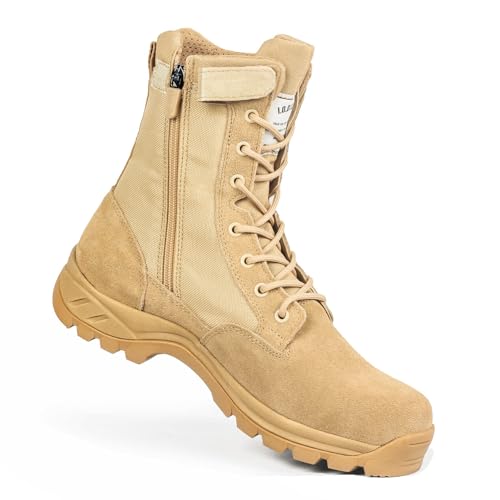 IODSON Men's Military Tactical Work Boots with Side Zipper, Puncture Resistant, Desert Combat, Army Jungle, 8 Inch Lightweight Hiking Boots Beige US 9 - Image 1