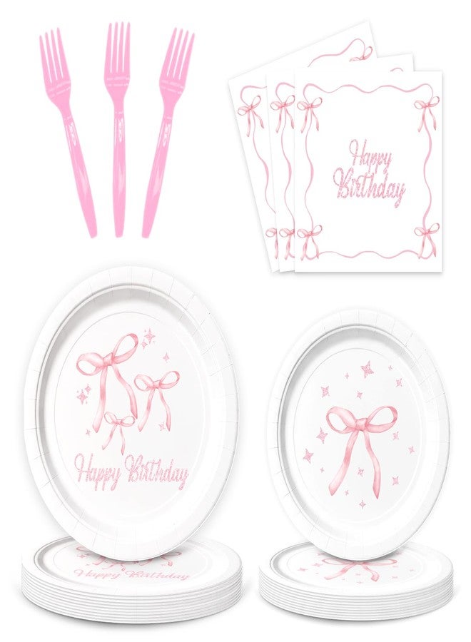 NUTTYBASH Pink Bow Birthday Party Supplies, 96Pcs Coquette Birthday Decorations Includes Napinks Plates Forks Pink Bow Theme Tableware Party Supplies - Image 1