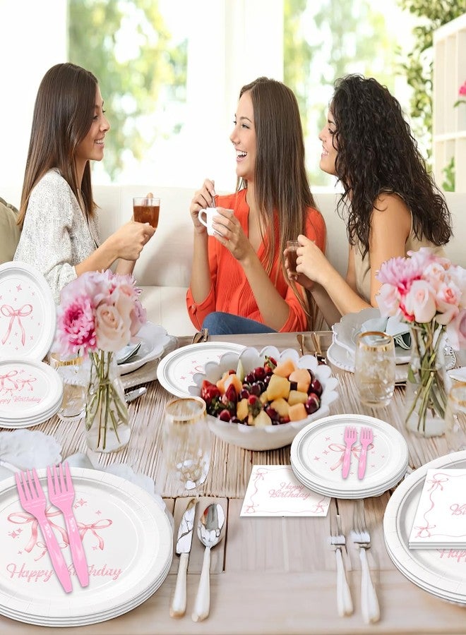 NUTTYBASH Pink Bow Birthday Party Supplies, 96Pcs Coquette Birthday Decorations Includes Napinks Plates Forks Pink Bow Theme Tableware Party Supplies - Image 2