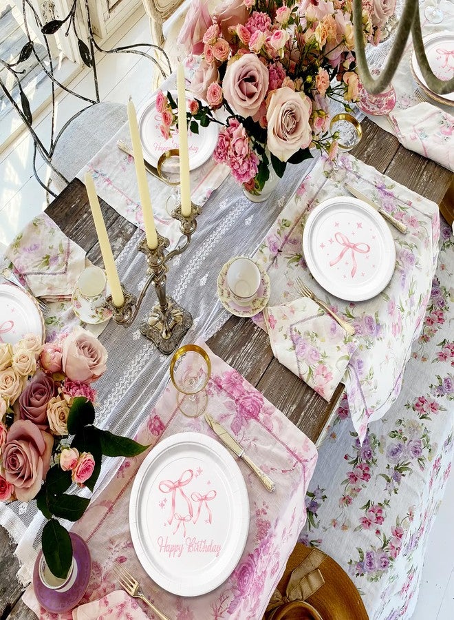 NUTTYBASH Pink Bow Birthday Party Supplies, 96Pcs Coquette Birthday Decorations Includes Napinks Plates Forks Pink Bow Theme Tableware Party Supplies - Image 3