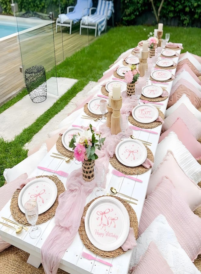 NUTTYBASH Pink Bow Birthday Party Supplies, 96Pcs Coquette Birthday Decorations Includes Napinks Plates Forks Pink Bow Theme Tableware Party Supplies - Image 4