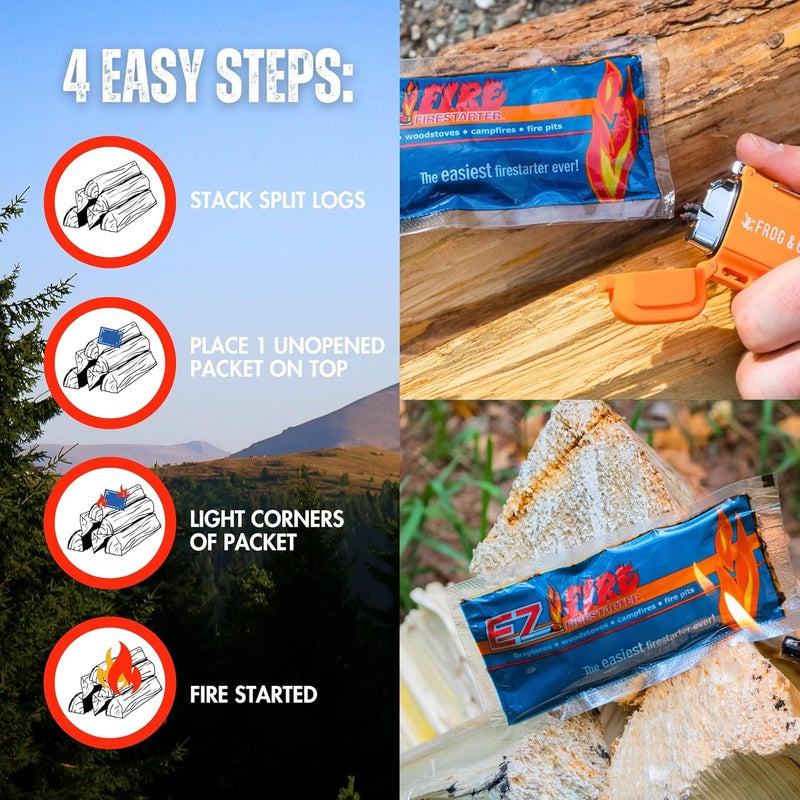EZ FIRE FIRESTARTER 25 عبوة من مشعل النار الطبيعي بالكامل للتخييم، مواقد النار، الشواء والمدافئ - حرق طويل، مقاوم للطقس، غير سام + مجموعة ولاعة قابلة لإعادة الشحن من Survival Frog - Image 5