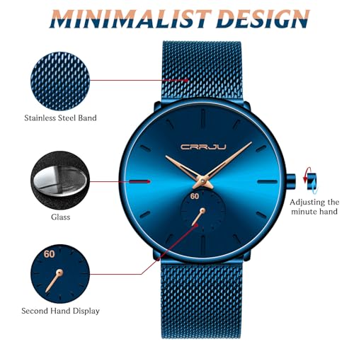 FIZILI Mens Watches Ultra-Thin Minimalist Waterproof-Fashion Wrist Watch for Men Unisex Dress with Stainless Steel Mesh Band-Gold Hands（Blue Band Blue Face） - Image 3