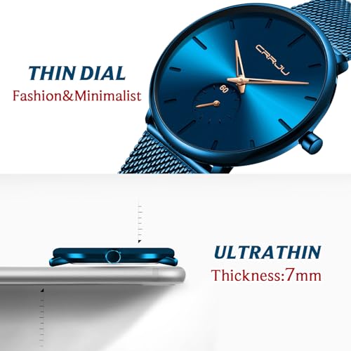 FIZILI Mens Watches Ultra-Thin Minimalist Waterproof-Fashion Wrist Watch for Men Unisex Dress with Stainless Steel Mesh Band-Gold Hands（Blue Band Blue Face） - Image 2