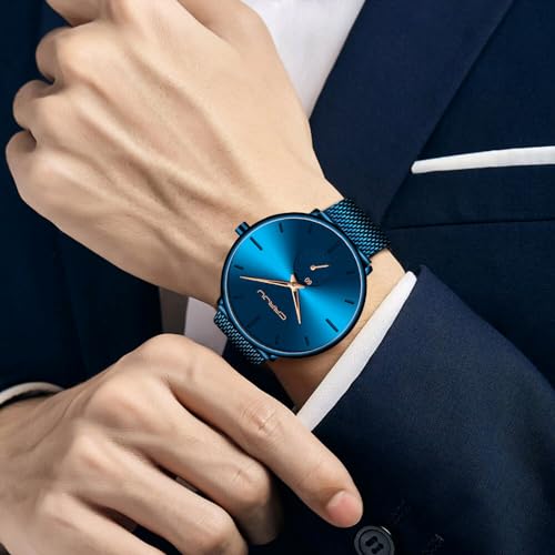 FIZILI Mens Watches Ultra-Thin Minimalist Waterproof-Fashion Wrist Watch for Men Unisex Dress with Stainless Steel Mesh Band-Gold Hands（Blue Band Blue Face） - Image 5