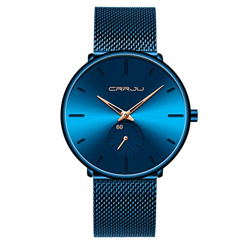 FIZILI Mens Watches Ultra-Thin Minimalist Waterproof-Fashion Wrist Watch for Men Unisex Dress with Stainless Steel Mesh Band-Gold Hands（Blue Band Blue Face） - Image 1