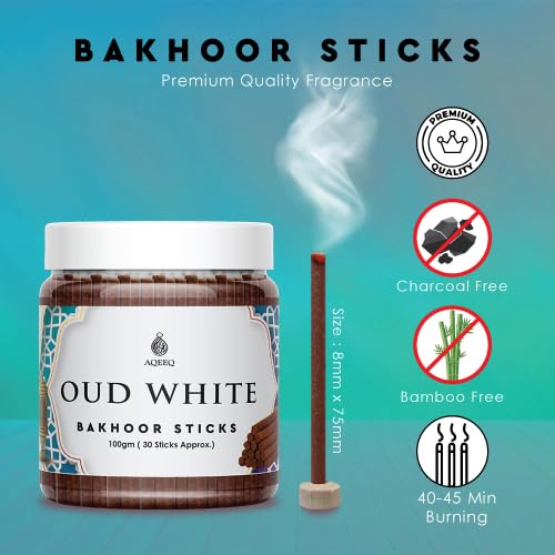 LABRISA Aqeeq Oud White Premium Bakhoor Sticks Musk Amber Agarwood Notes Modern Arabian Aroma Charcoal Bamboo Free Ideal for Daily Use 100gms 30 Sticks Approx Stick Size 8mm x 75mm - Image 2