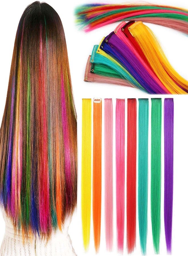Fully Long Straight Color Hair Streak Extensions for Kids Girls | Colourful Highlight Clip in Hair Stripe for Women (Multicolor - Set of 6 Pcs) - Image 3