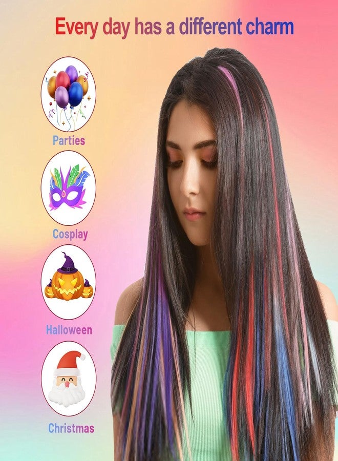Fully Long Straight Color Hair Streak Extensions for Kids Girls | Colourful Highlight Clip in Hair Stripe for Women (Multicolor - Set of 6 Pcs) - Image 1