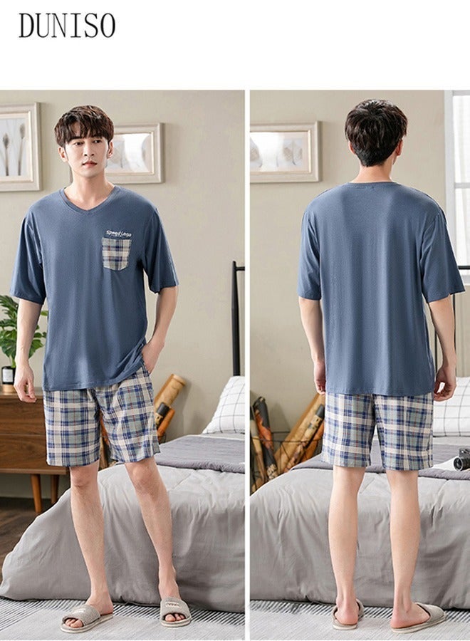 DUNISO Men's Pajamas Set Comfortable Classic Short Sleeve Sleepwear 2-Piece Pajama Set Men's Modal Short-Sleeved T-Shirt Short Pants For Loose Casual Home Wear - Image 4