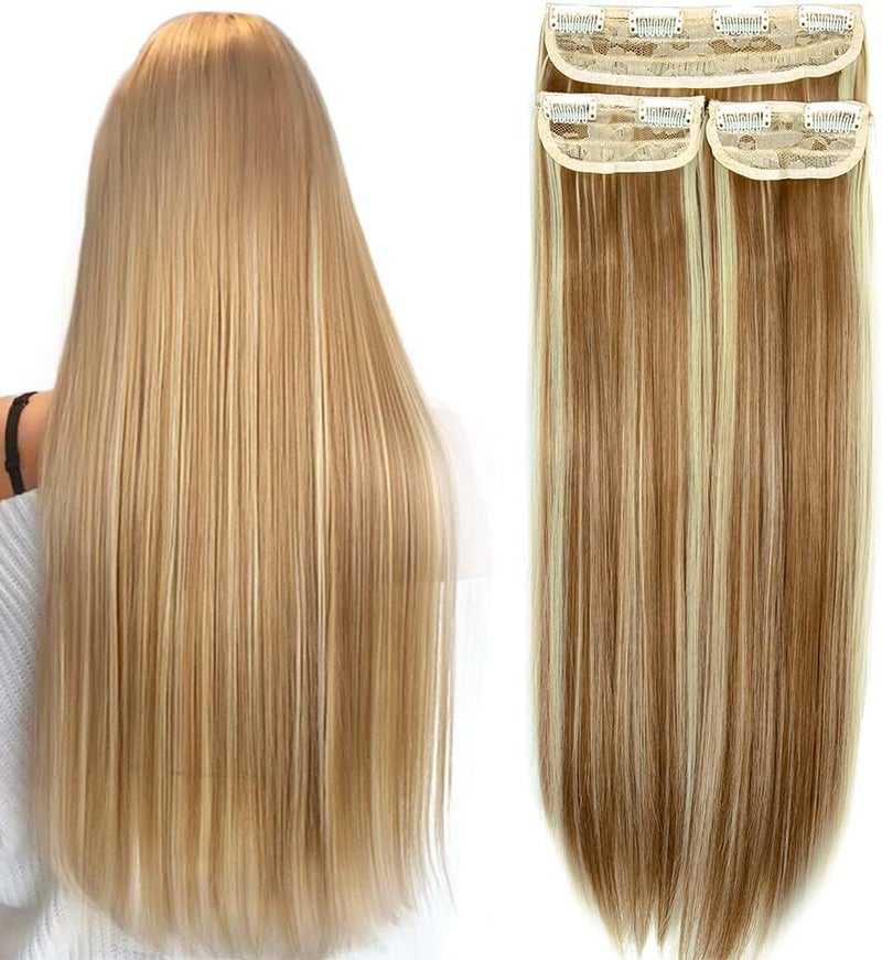 OMGREAT Straight Clips in on Hair Extensions Full Head Synthetic Hairpieces for Women 3Pcs 8Clips 24 Ginger Brown Mix Bleach Blonde