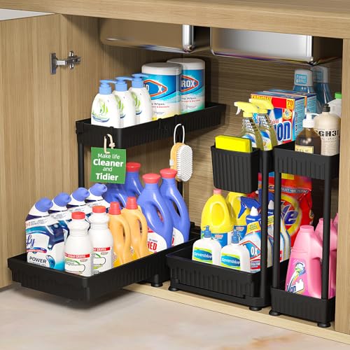 Sevenblue 3 Pack Multi-Purpose Pull-Out Storage Organizers, 2-Tier L-Shaped Under Sink/Cabinet Organizers and Storage for Bathroom & Kitchen, (Black, 12.85 Inches) - Image 1