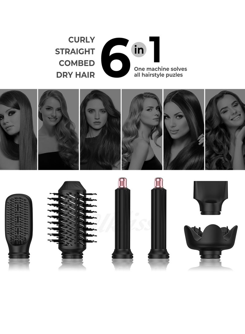 High-speed folding hair dryer with automatic hair absorption, six-in-one hot air comb, multi-function hair dryer with head change, straight hair curling iron (black) - Image 3