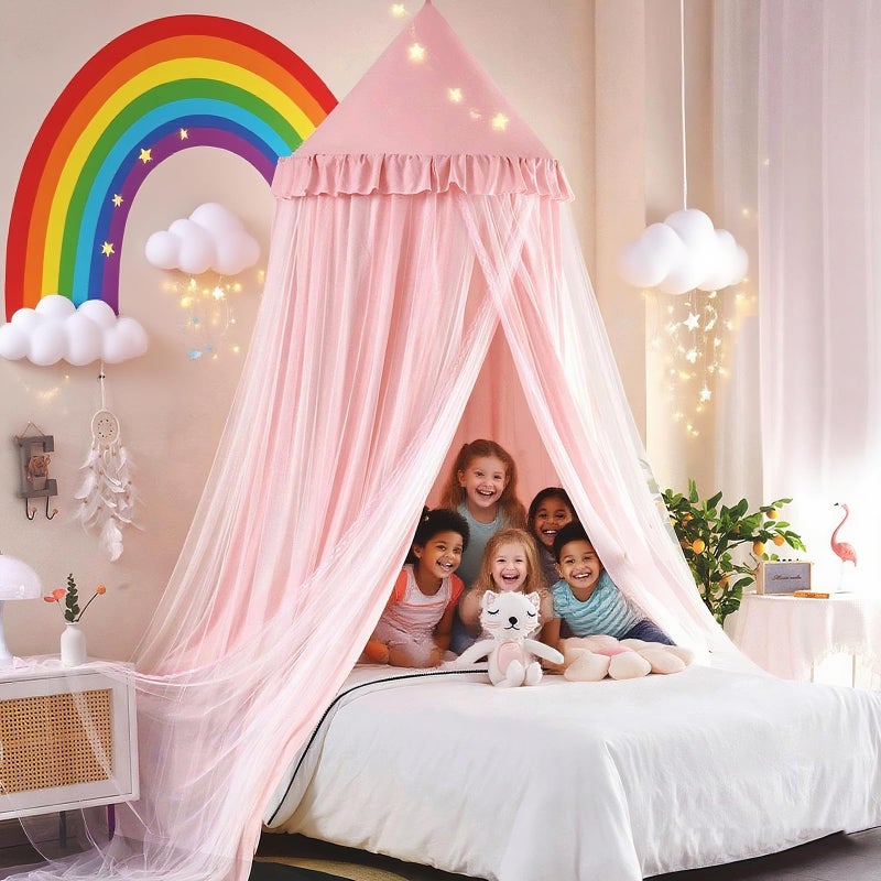 Kertnic 315inch Large Dome Bed Canopy for Girls Double Layer Dreamy Ruffle Princess Canopy Bedroom Hanging Tent Kids Reading Nook CanopiesFull Queen Bed Canopy Curtain Beige Pink