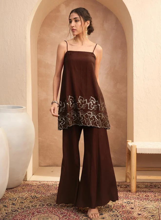 SASSAFRAS Brown Embroidered Strappy Kurta and Palazzos Set