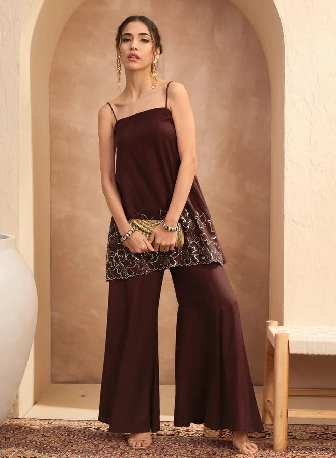 SASSAFRAS Brown Embroidered Strappy Kurta and Palazzos Set