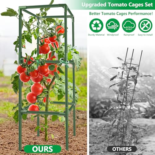 SprintGy 3 Pack Square Tomato Cages, 49'' Tall Heavy Duty Steel Tomato Trellis Kit for Garden, Plant Support Tower Stakes Cucumber Pepper Trellis for Climbing Vegetable Flowers - Image 2