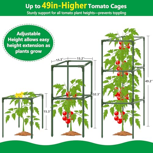 SprintGy 3 Pack Square Tomato Cages, 49'' Tall Heavy Duty Steel Tomato Trellis Kit for Garden, Plant Support Tower Stakes Cucumber Pepper Trellis for Climbing Vegetable Flowers - Image 5
