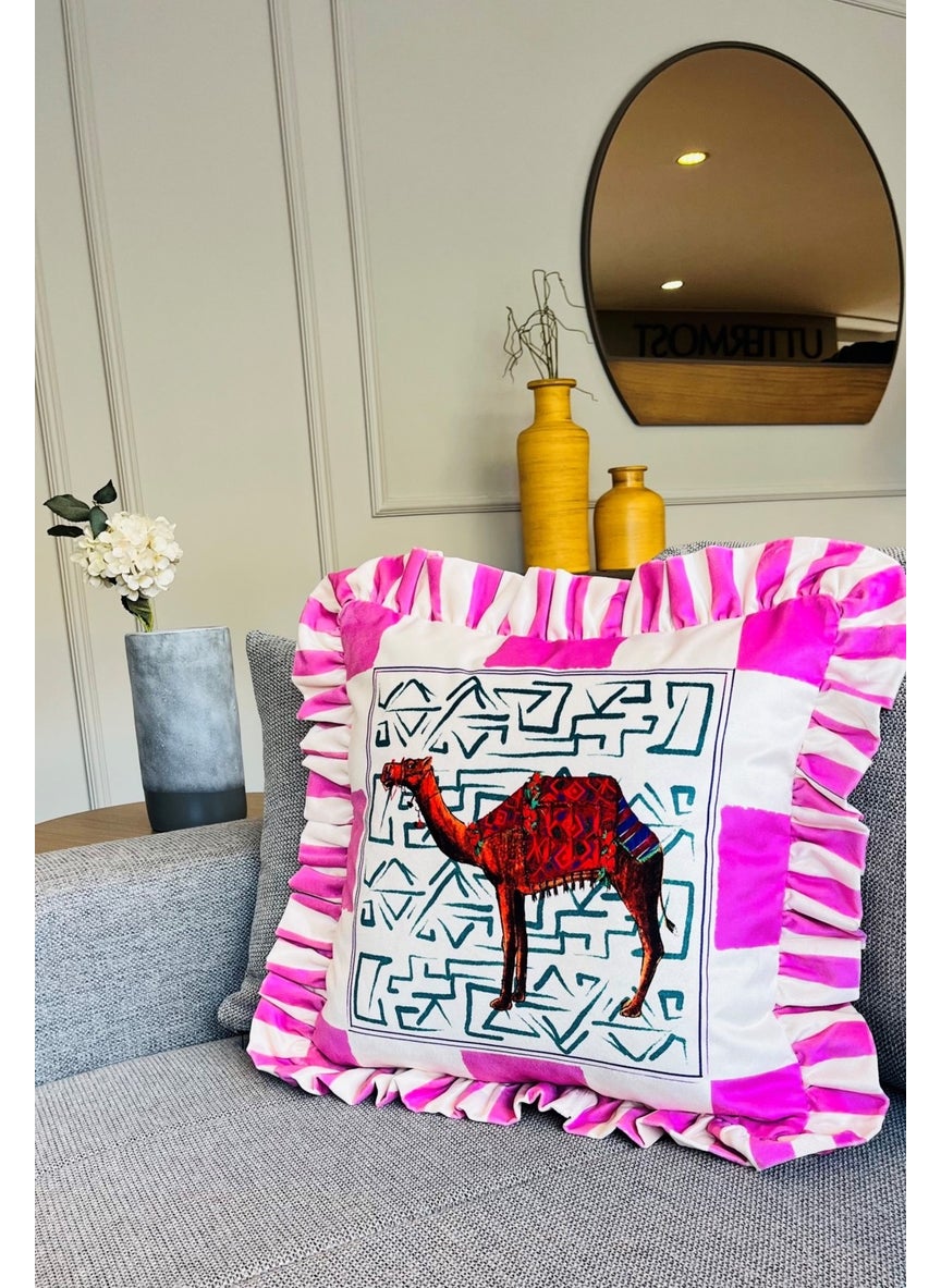 Ge Living - Camel Patterned Pink Velvet Cushion Cover - Hope Series Special Design Ruffle - Image 1