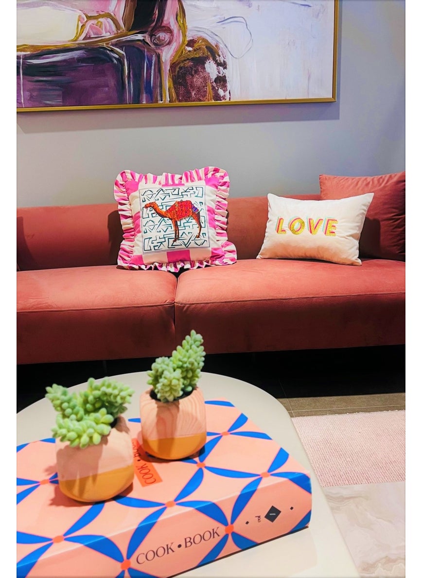 Ge Living - Camel Patterned Pink Velvet Cushion Cover - Hope Series Special Design Ruffle - Image 1