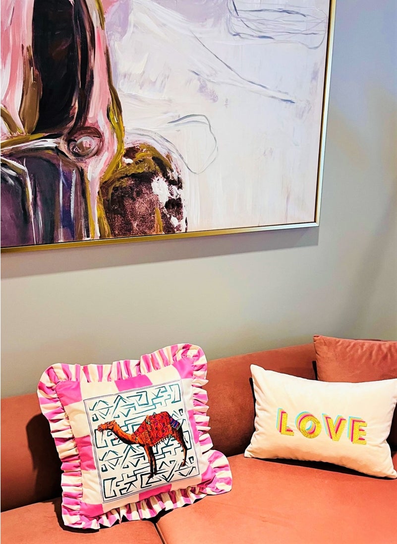 Ge Living - Camel Patterned Pink Velvet Cushion Cover - Hope Series Special Design Ruffle - Image 1