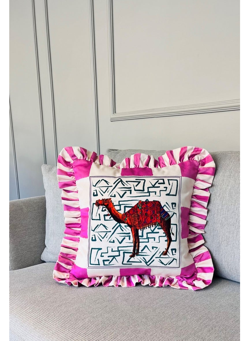Ge Living - Camel Patterned Pink Velvet Cushion Cover - Hope Series Special Design Ruffle - Image 1