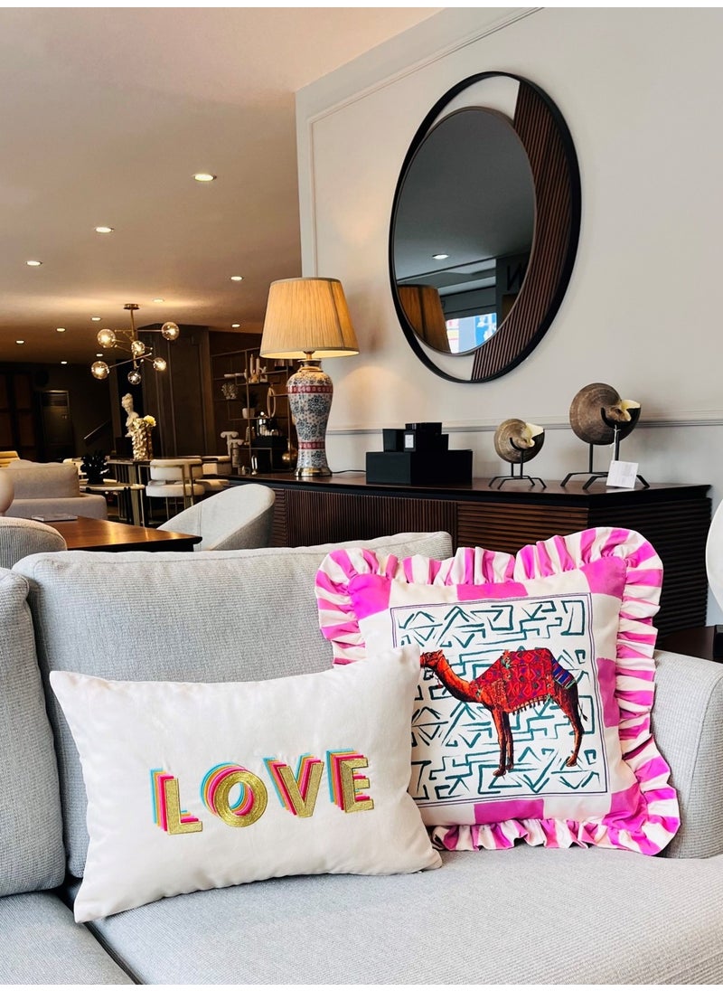 Ge Living - Camel Patterned Pink Velvet Cushion Cover - Hope Series Special Design Ruffle - Image 1