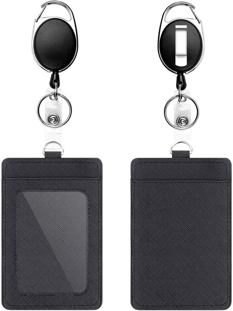Badge Holders, 2 Pack Heavy Duty Retractable Reel Clips Set with Carabiner Reel Clip, Upgraded Retractable Badge Reel X 2 and Vertical Leather ID Card Holder X 2, Black - Image 1