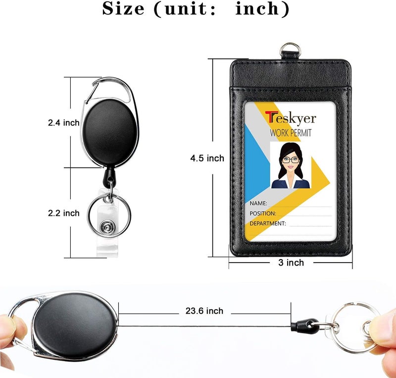 Badge Holders, 2 Pack Heavy Duty Retractable Reel Clips Set with Carabiner Reel Clip, Upgraded Retractable Badge Reel X 2 and Vertical Leather ID Card Holder X 2, Black - Image 2
