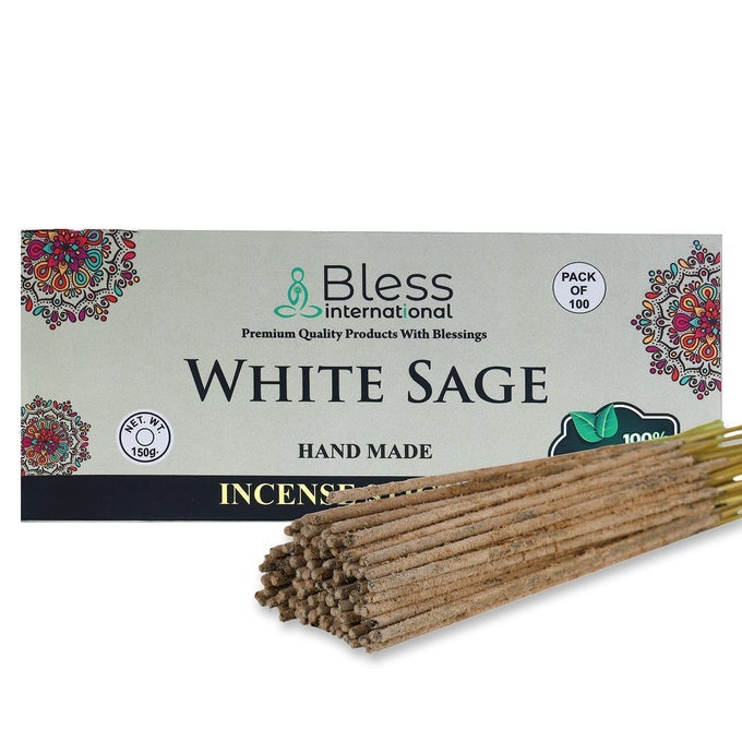 BLESSWHITESAGE 100NATURALHANDMADEHANDDIPPEDINCENSESTICKS ORGANICCHEMICALSCHARCOALFREE PURIFICATIONRELAXATIONPOSITIVITYYOGAMEDITATION BESTWOODSSCENT 100 STICKS 150GM
