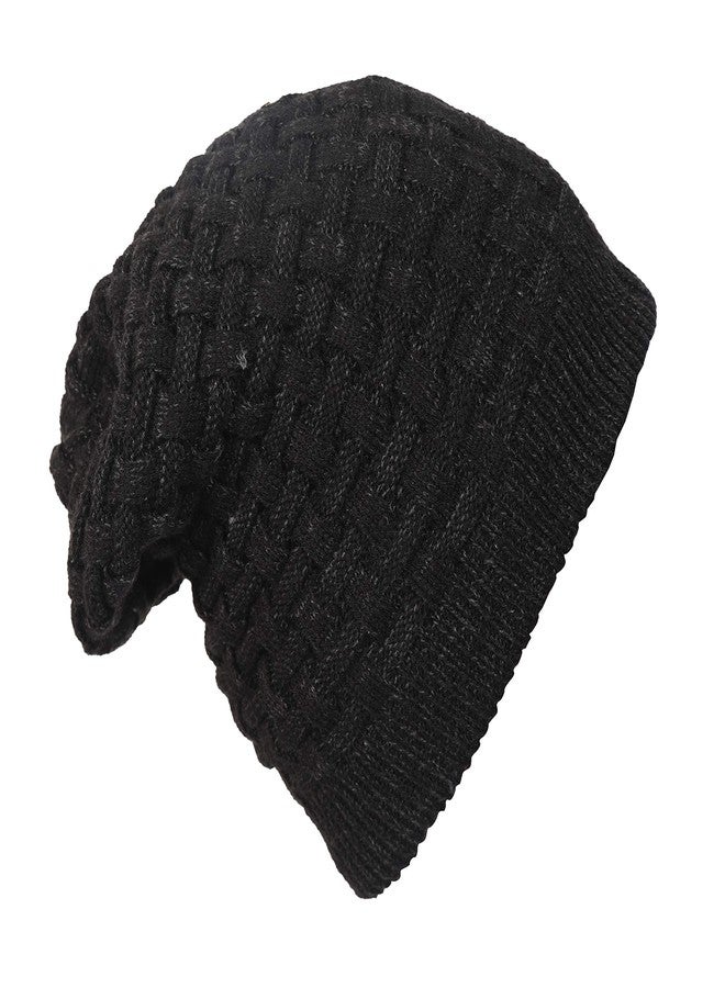 FabSeasons Acrylic Woollen Slouchy Unisex Beanie and Skull Cap with Faux Fur on The Inner Side (Black, Free Size) - Image 3