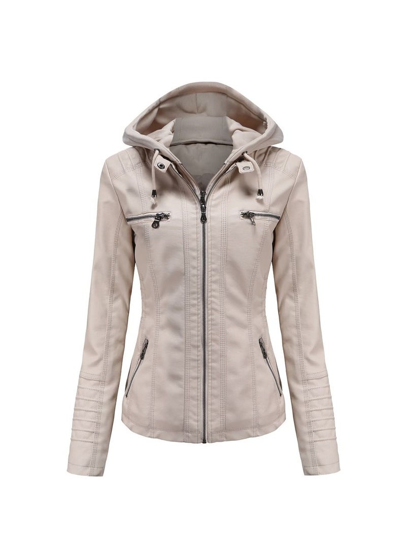 Loquat Women's Hooded Leather Jacket Two-Piece Set With Detachable Features Beige  - Image 1