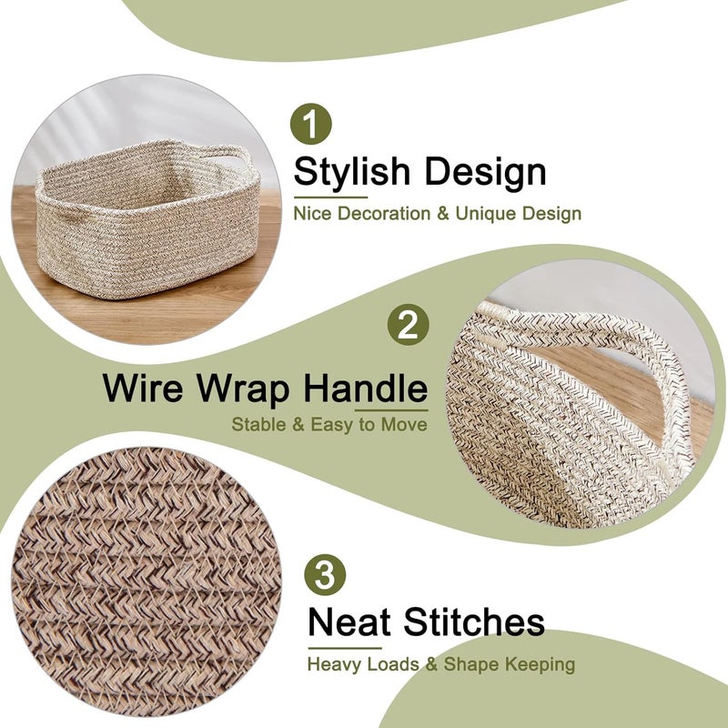 OIAHOMY Cotton Rope Baskets, Woven Baskets for Storage, Nursery Storage Baskets, Rectangle Storage Basket with Handles, Storage Baskets for Shelves, Pack of 3, Brown Variegated - Image 4