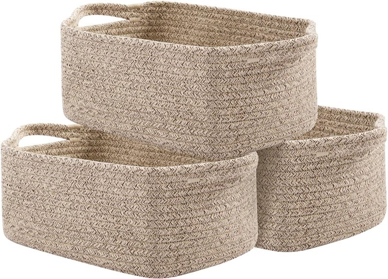 OIAHOMY Cotton Rope Baskets, Woven Baskets for Storage, Nursery Storage Baskets, Rectangle Storage Basket with Handles, Storage Baskets for Shelves, Pack of 3, Brown Variegated - Image 1