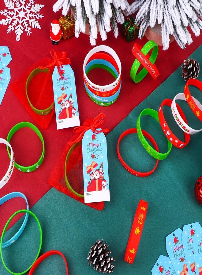 Warmshine 72 Pcs Christmas Bracelets Gifts Christmas Rubber Wristbands Xmas Bracelet Wrist Band with Label Tags Organza Bags Xmas Party Favors for Holiday Stuffers Fillers Birthday Gifts - Image 4