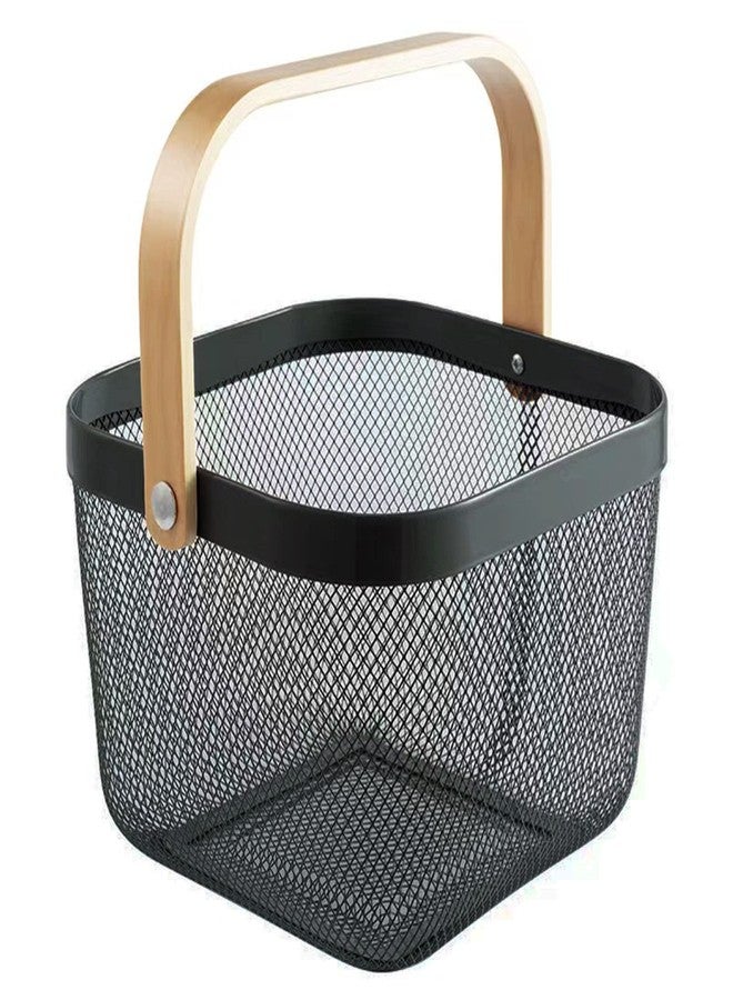 AJIODA Metal Mesh Steel Basket, Storage Organizer Basket Multi-functional Hanging Kitchen Baskets Fruit Basket Bin with Bamboo Handle for Kitchen Bathroom Picnic Shopping Decor Cabinet Home, Black - Image 1