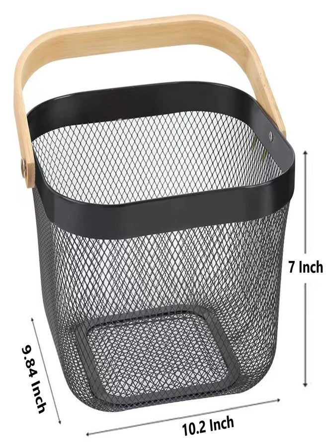 AJIODA Metal Mesh Steel Basket, Storage Organizer Basket Multi-functional Hanging Kitchen Baskets Fruit Basket Bin with Bamboo Handle for Kitchen Bathroom Picnic Shopping Decor Cabinet Home, Black - Image 5