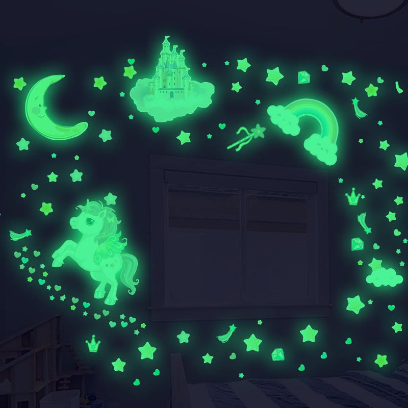 Robmoda Glow in The Dark Stars and Unicorn Wall Decals, Glowing Castle Moon and Rainbow Stickers, 174 pcs Luminous Ceiling Decor for Kids Bedroom, Great Wall Decor for Girls and Boys Gift - Image 2