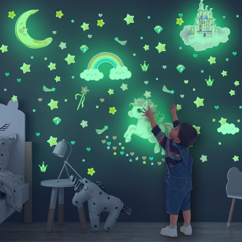 Robmoda Glow in The Dark Stars and Unicorn Wall Decals, Glowing Castle Moon and Rainbow Stickers, 174 pcs Luminous Ceiling Decor for Kids Bedroom, Great Wall Decor for Girls and Boys Gift - Image 1