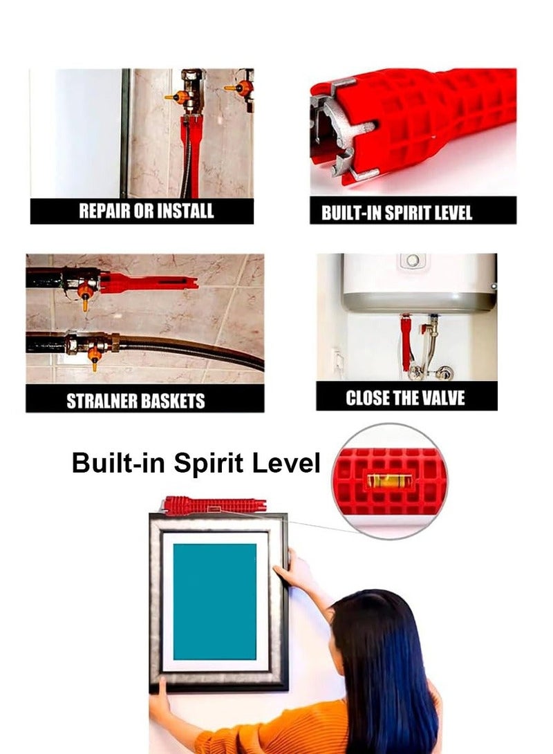WangPangZi Mini Multifunctional Plumbing Wrench 1/3/5pcs , 8-in-1 Faucet and Sink Installer Tool with Built-In Bubble Level, Portable Emergency Anti-Slip Compact Pipe Wrench, Plumbing Repair Hand Tool for Toilet Sink Bathroom Kitchen Tight Spaces, Red - Image 5