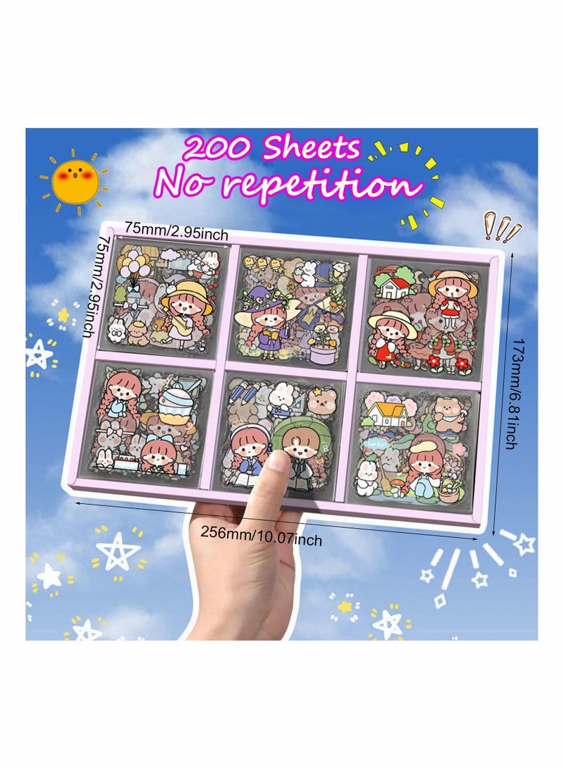 SYOSI Cartoon Stickers for Journaling, 200 Sheets Cute Girl Rabbit Bear Transparent PET Waterproof Scrapbook Korean Sticker Decal Set for Art Scrapbooking Crafts Planner Water Bottles Laptops Phone Cases - Image 2