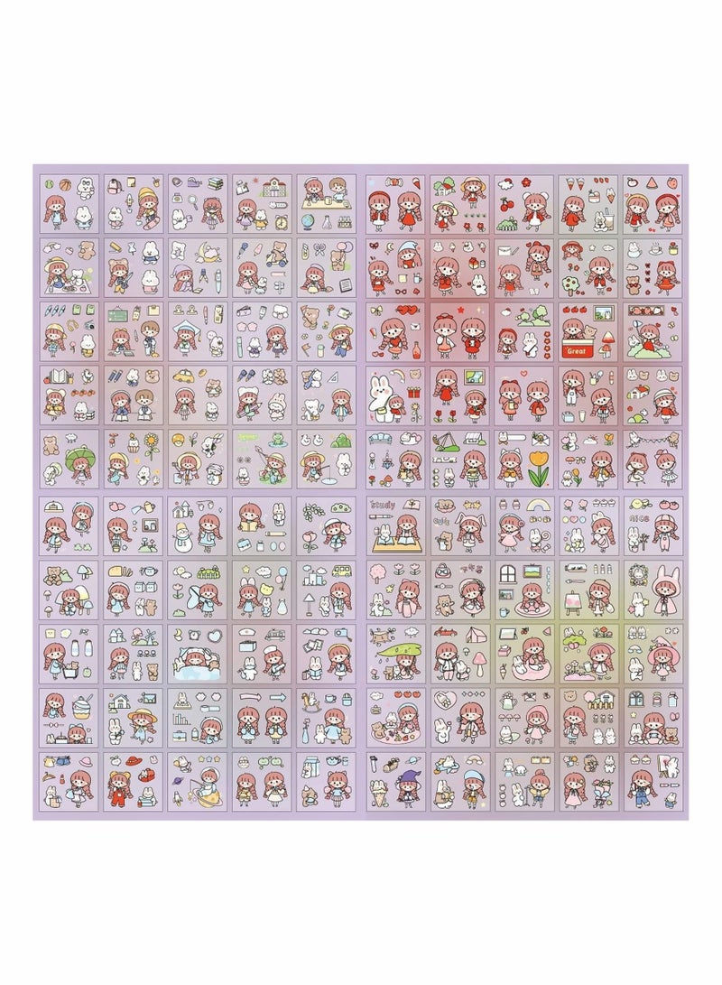 SYOSI Cartoon Stickers for Journaling, 200 Sheets Cute Girl Rabbit Bear Transparent PET Waterproof Scrapbook Korean Sticker Decal Set for Art Scrapbooking Crafts Planner Water Bottles Laptops Phone Cases - Image 4