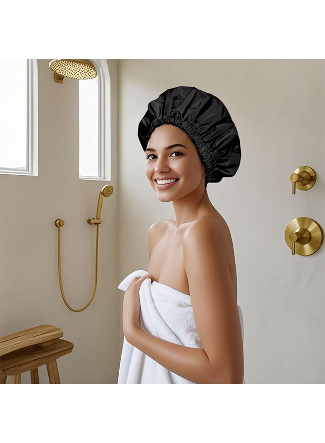 Reusable Shower Cap for Women, Large Waterproof Shower Essentials Bonnet Washable Elastic Band Bath Hair Wrap Hat for Long Hair, Braids(Pink&Black) - Image 3